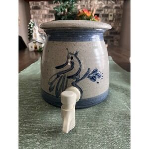 Vintage Artist Signed Lidded Beverage Dispenser With Bird Design and Spigot
